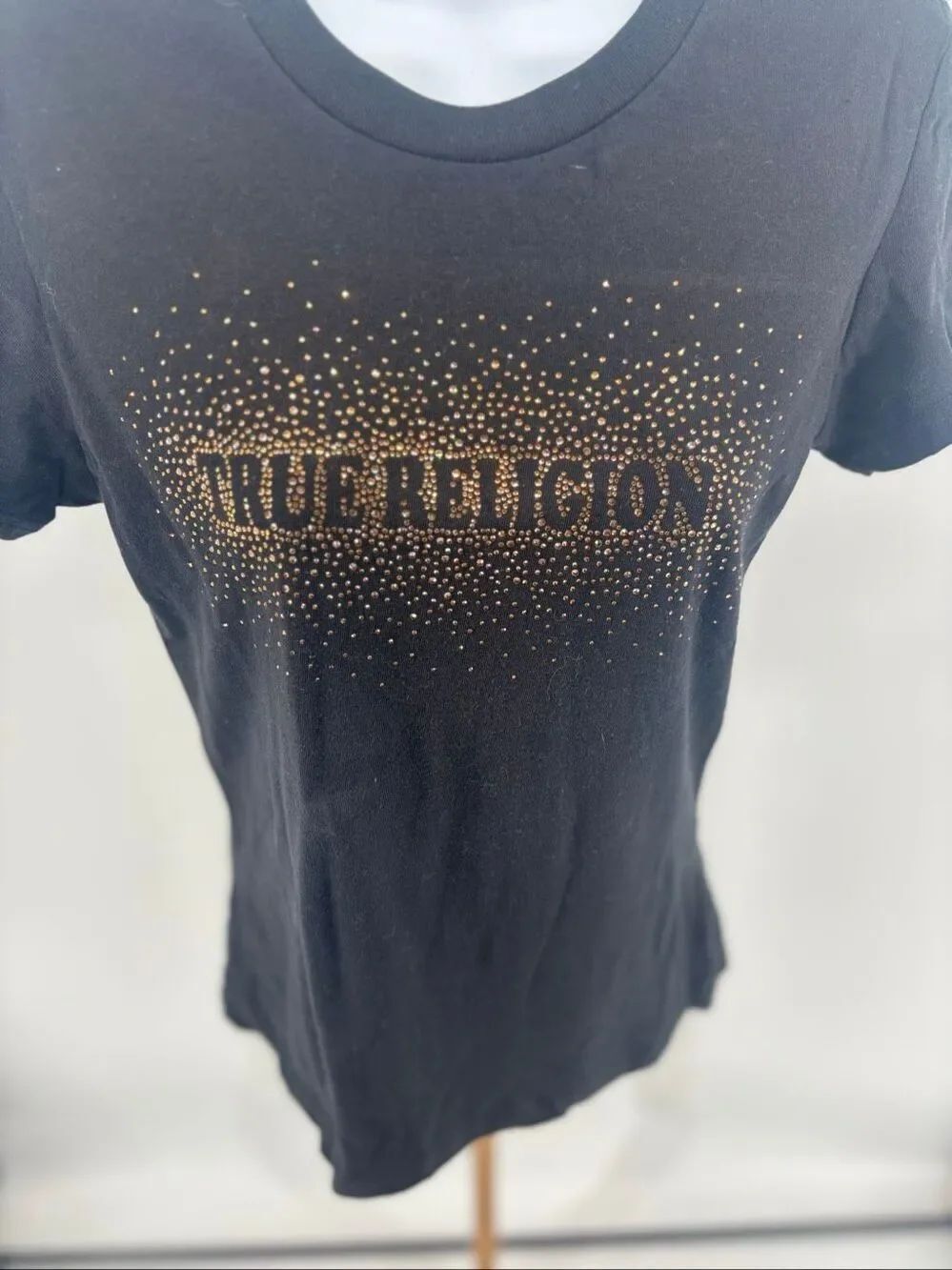 True Religion Gold Stud Embellished Crew Neck Tee Womens Small Black Bling